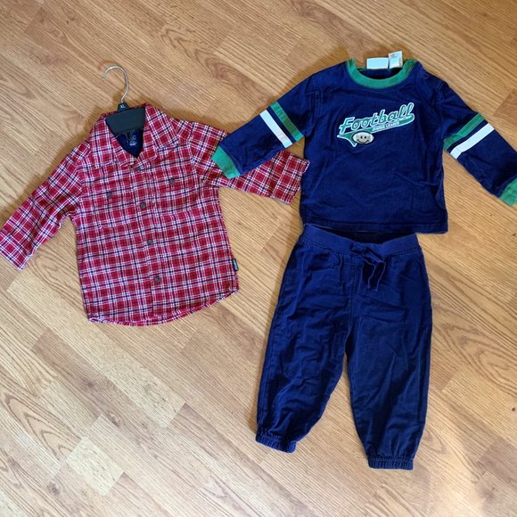 BOYS - 3 pc lot sz 18 M, 2pc outfit jogger suit football applique, red plaid top - Picture 2 of 4